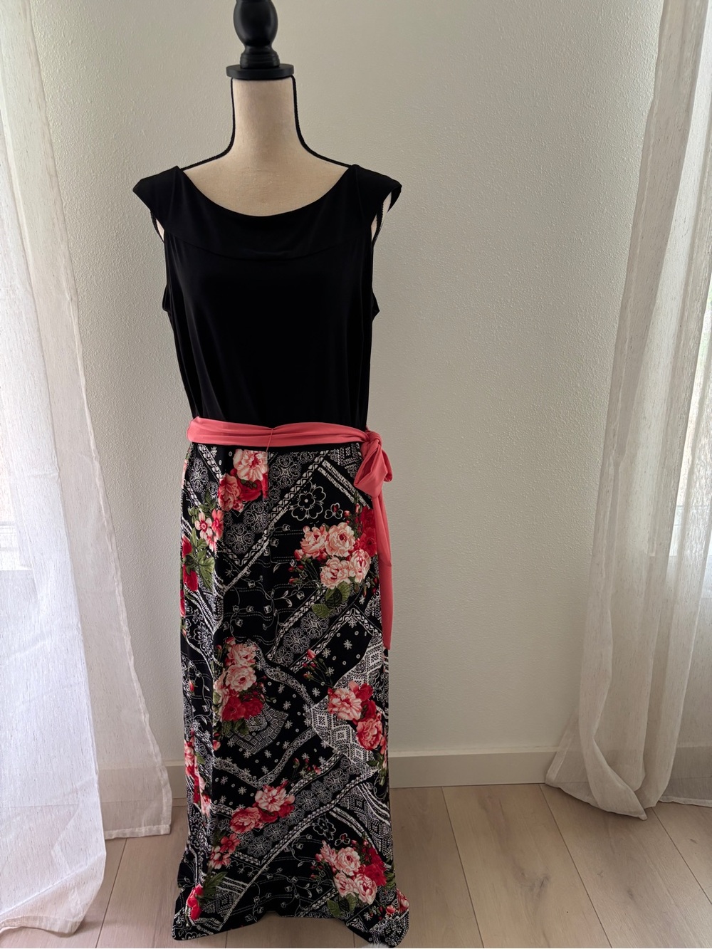 Enfocus Studio Black Floral Bandana Maxi Skirt with Pink Waist Tie